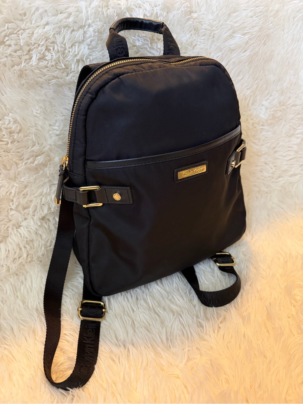 Calvin Klein Black Nylon Mini Backpack with Gold Hardware